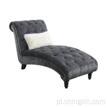 Ciemna szara tkanina przycisku tufting sofa chaise z litego drewna nogi